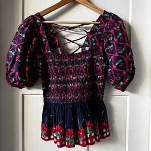 Damson Madder Allegra Cherry Pie Puff Sleeve Smocked Blouse Top UK12 US8